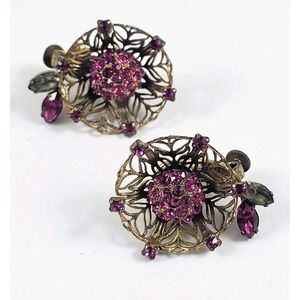 Vendome Gold Tone Filigree Pink Rhinestone Clip On Earrings Coquette Vintage